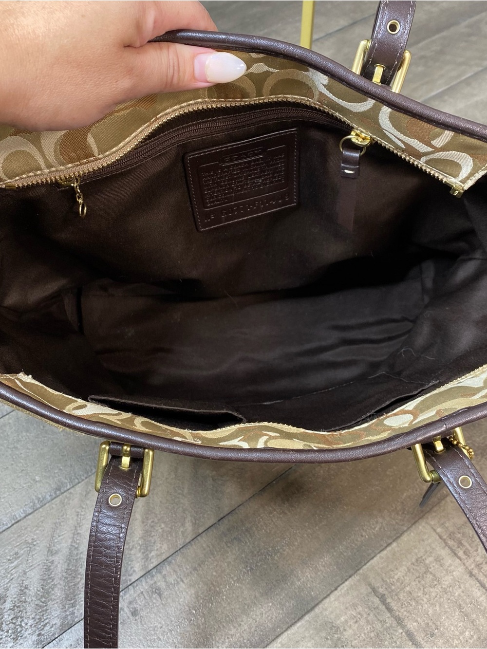 Vintage Coach Hampton Holiday Patchwork Tote Bag Brown Gold Canvas Suede Y2K - Picture 12 of 15